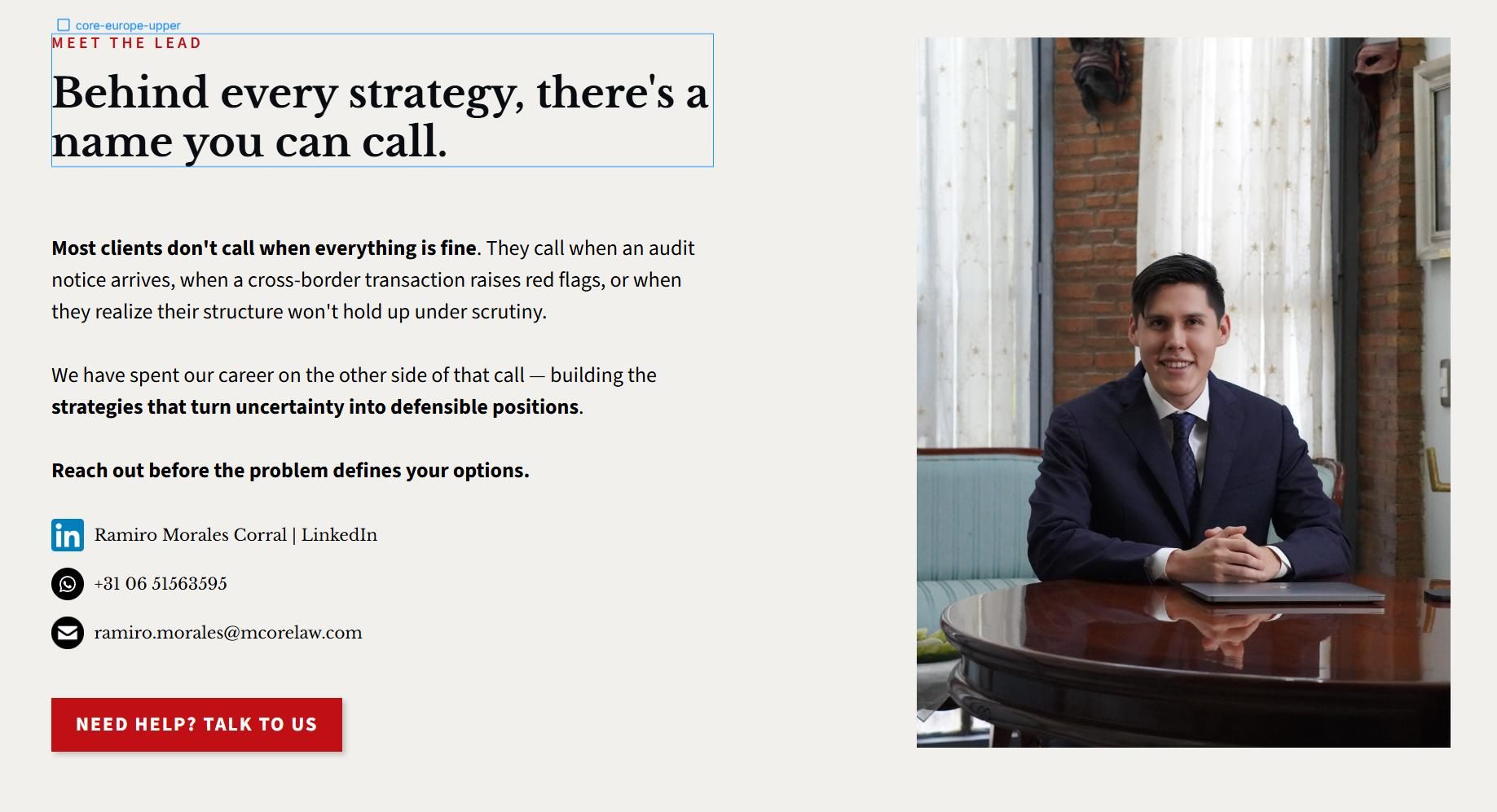 MCore Law — visual language and consultation CTA