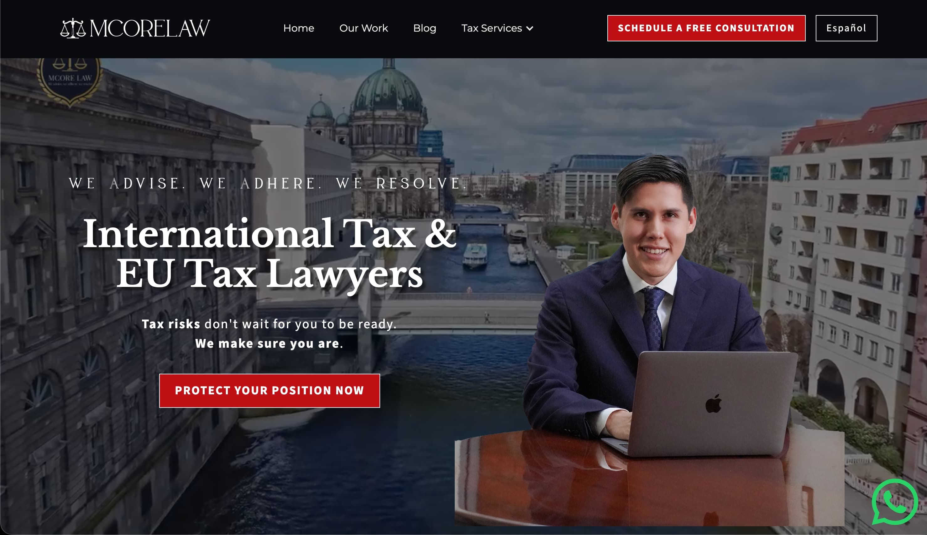 Redesign and Wix-to-Webflow migration for a boutique international tax firm—rebuilt to earn trust and convert two distinct audiences into qualified leads.